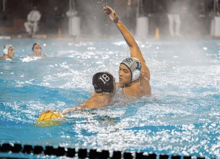 UC Davis Senior Adam Ting guarding Stanford Water Polo 